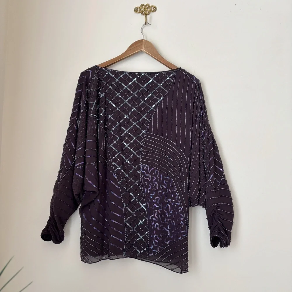 Alice + Olivia Purple Silk Beaded Sequin Dolman Sleeve Blouse Large Cocktails